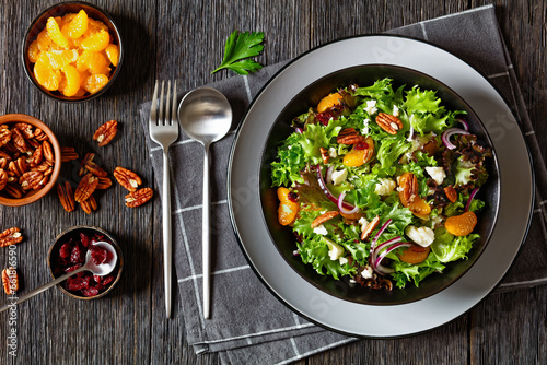 Mandarin Orange Salad in black bowl, top view