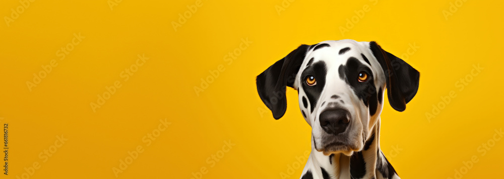 Dalmatian dog on yellow background with copy space.
