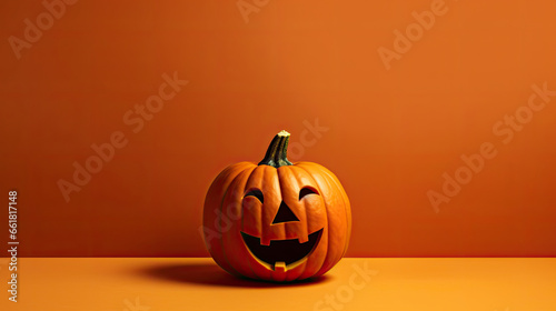 A Halloween pumpkin on a light maroon background.
