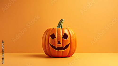 A Halloween pumpkin on a light orange background.