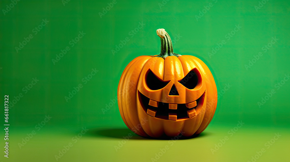 A Halloween pumpkin on a vivid green background. A Halloween pumpkin on a vivid green background.