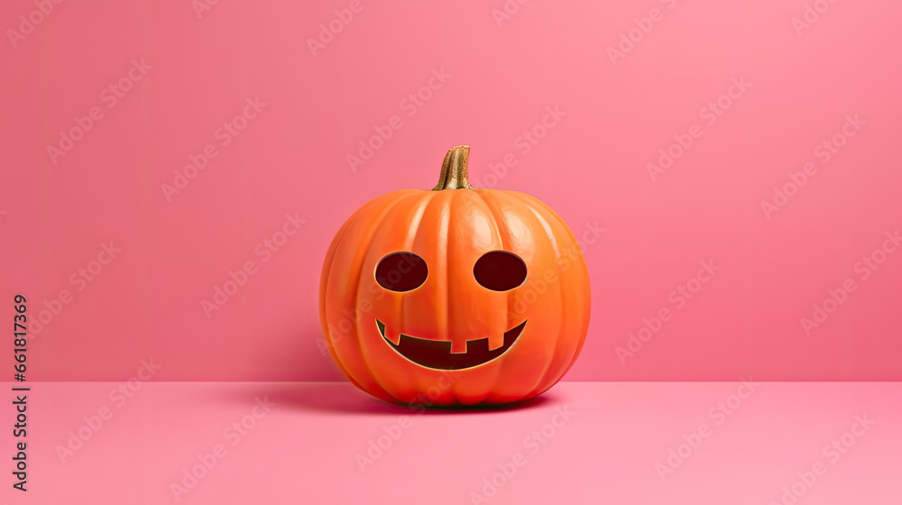A Halloween pumpkin on a vivid pink background.