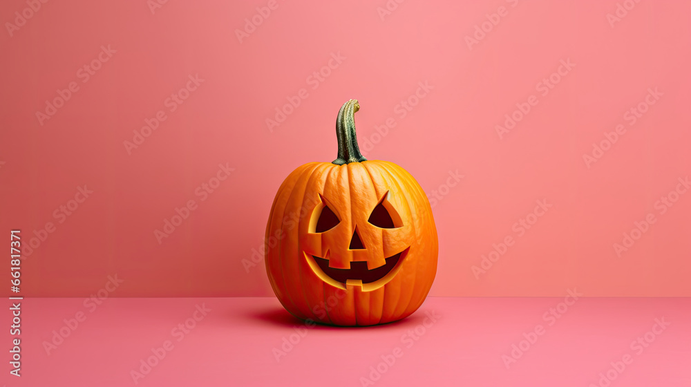 A Halloween pumpkin on a vivid pink background. A Halloween pumpkin on a vivid pink background.
