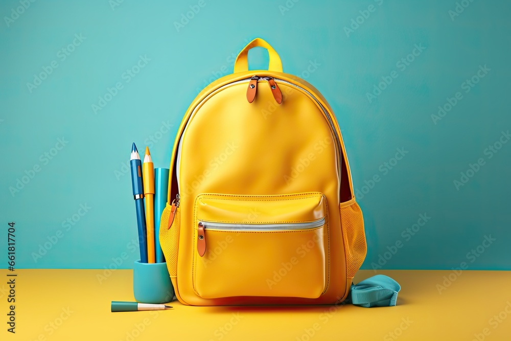 yellow school bag with pens and notebooks on blue background yellow school bag with pens and notebooks on blue background