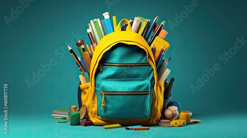 yellow school bag with pens and notebooks on blue background
