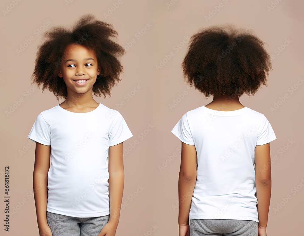 Front and back views of a little girl wearing a white T-shirt