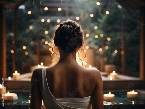 Woman in spa. Zen, meditation, relaxing background with poll. Luxury spa resort and wellness haven. Generative AI. 