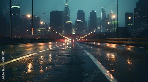 low angle view of a highway with city lights in the background,cold weather, created by Generative Ai technology.