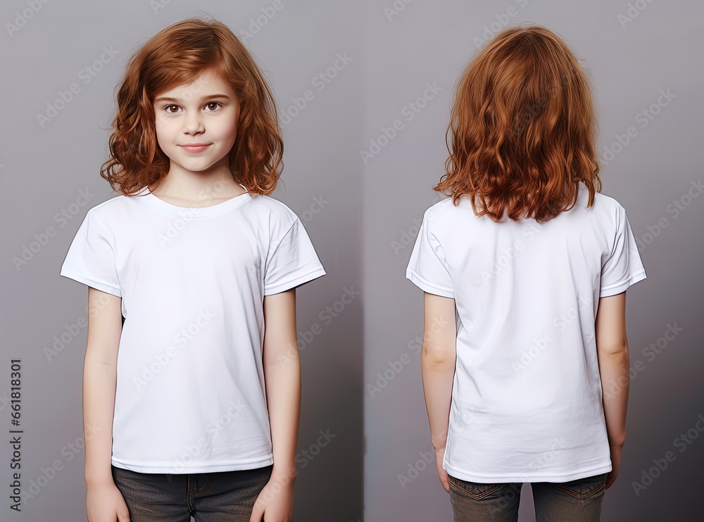 Front and back views of a little girl wearing a white T-shirt Front and back views of a little girl wearing a white T-shirt