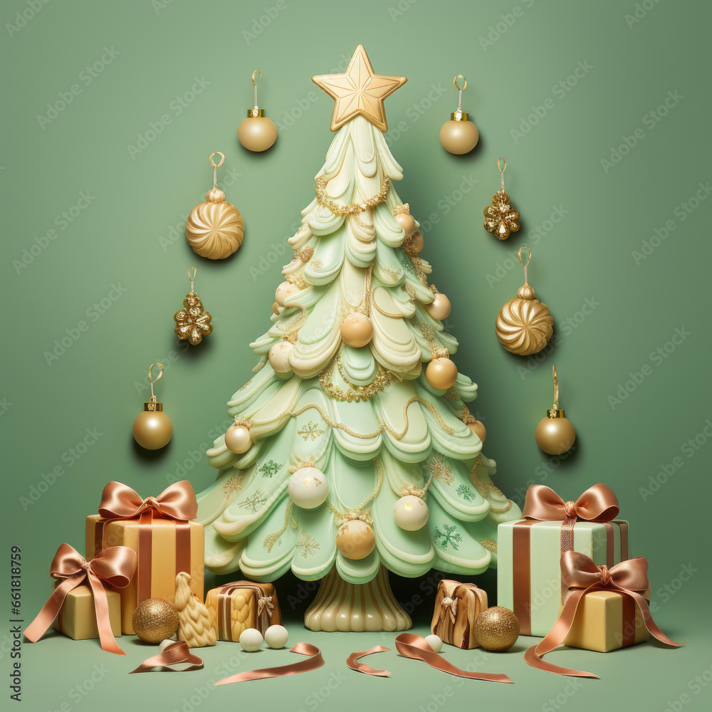 3D Christmas trees with sparkling golden light stand out on a bright, vibrant, light green background for Christmas cards, backgrounds, banners.