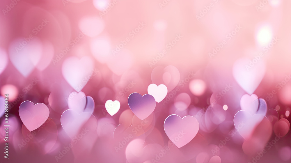 pink bokeh background with hearts, Valentine's day banner, copy space 