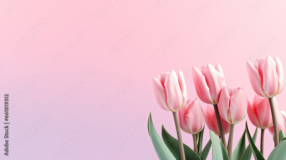 Fototapeta premium Pink tulips on a pastel background, copy space, Valentine's day or Mother's day banner. 