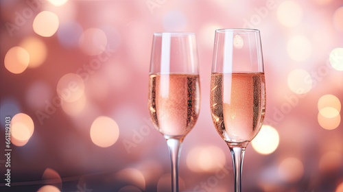 Pink rose champagne glasses close up, bokeh lights background. Valentines day celebration. Valentine's Day banner, copy space.