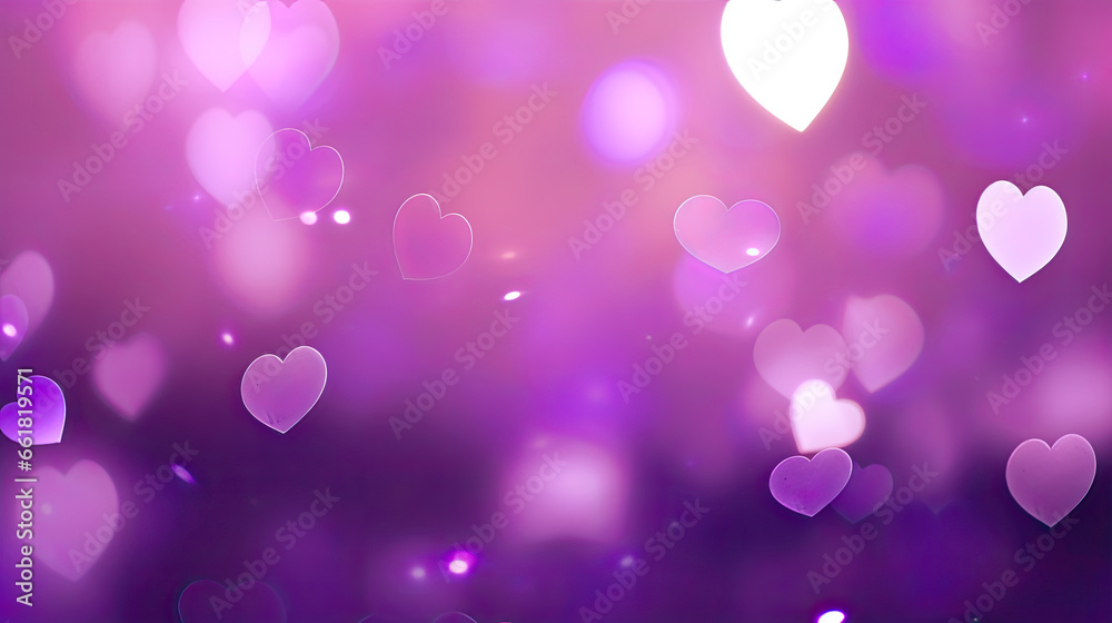 Abstract purple bokeh with hearts background.Valentines day celebration. Valentine's Day banner, copy space.