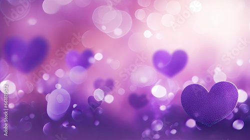 Abstract purple bokeh with hearts background.Valentines day celebration. Valentine's Day banner, copy space.