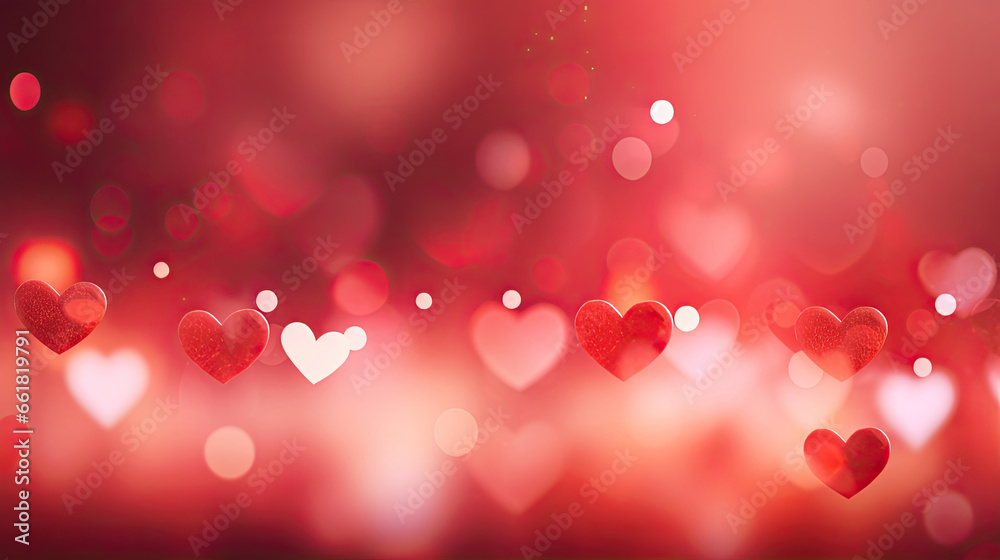 Abstract red bokeh with hearts background.Valentines day celebration. Valentine's Day banner, copy space.