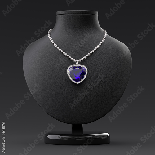 Luxurious necklace of diamonds and blue sapphire in the form of a heart on a leather stand in the form of a bust. Jewelry showcase. 3d rendering.