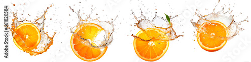 Collection of orange with splashing water on white background