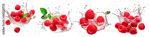 Collection of raspberries with splashing water on white background