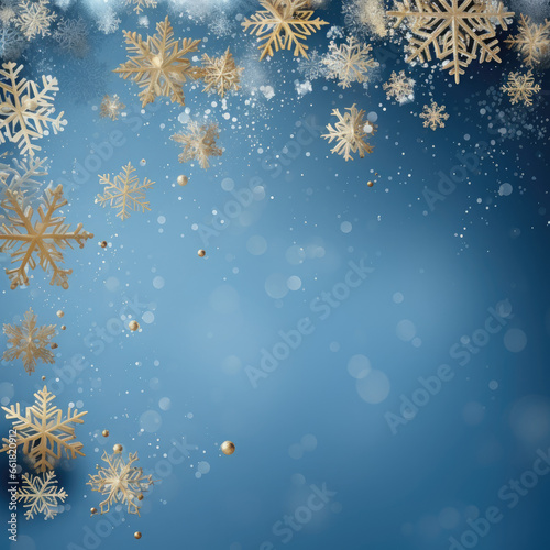 Golden snowflakes stand out, sparkling on a dark blue background, a brilliant, luxurious Christmas card, banner, wallpaper, cover, poster. 