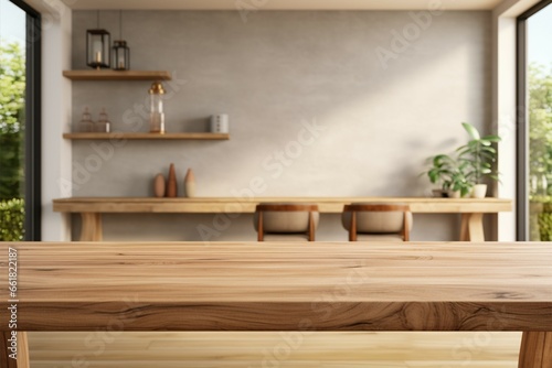 3D rendering An empty wooden table in a Scandinavian living room