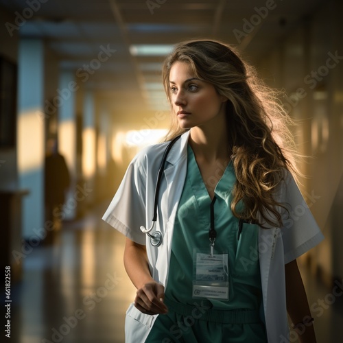 pretty blonde doctor walking down the hospital hallway with stethoscope on her shoulder