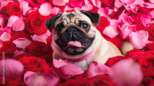 Pug with rose flowers and petals around, Valentine's Day concept, Valentine dog 