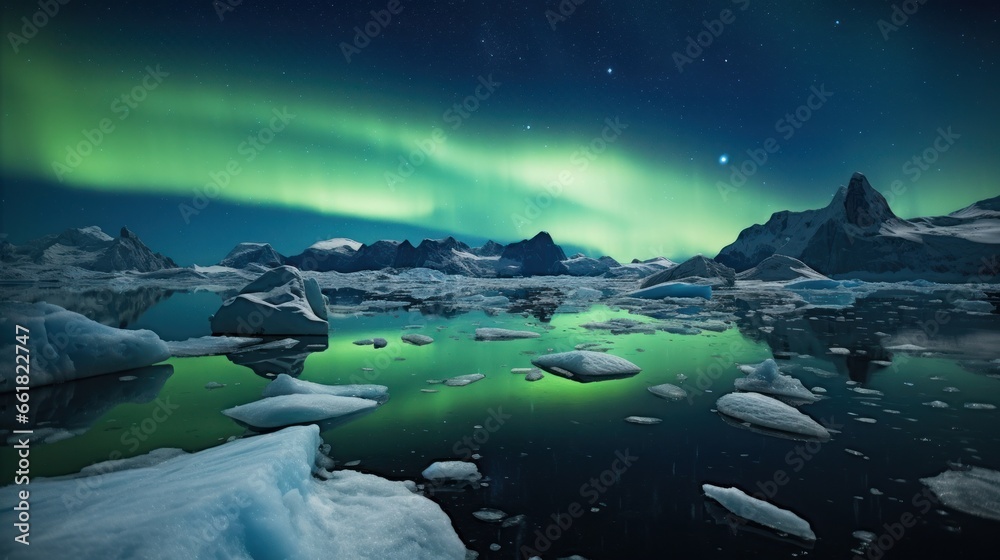 Northern lights in night starry sky against background of mountains and lake
