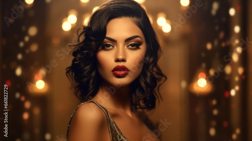 Photo shoot of a young elegant and glamorous model posing with heavy makeup