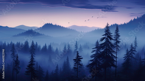 sunrise in the mountains, the foggy pine trees forest, purple mist