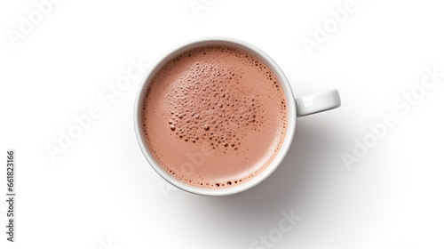 Hot cocoa in the cup, top view, white background 