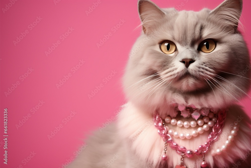 A stylish cat with a necklace against a trendy pink backdrop