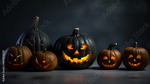 Halloween pumpkins on a dark gray background.