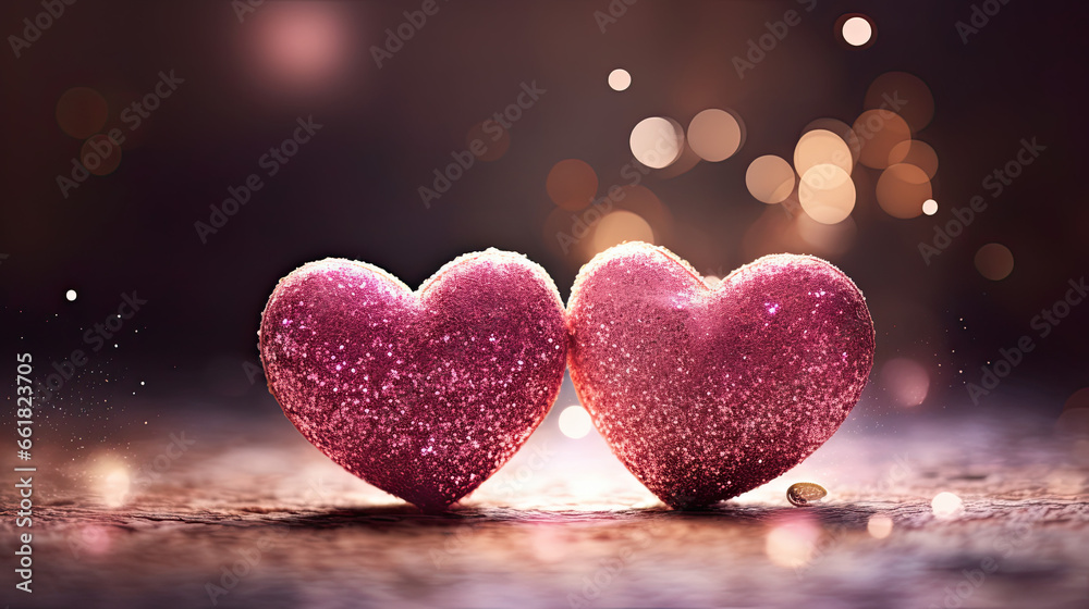 Two pink glitter hearts on a bokeh background. Valentine's Day background, copy space. Two pink glitter hearts on a bokeh background. Valentine's Day background, copy space.