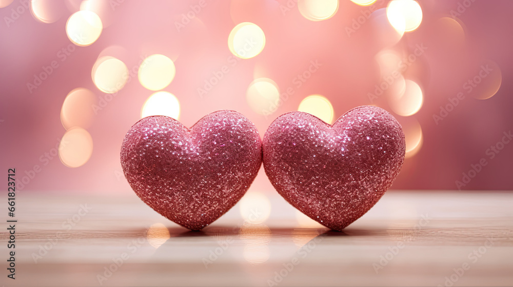 Two pink glitter hearts on a bokeh  background. Valentine's Day background, copy space.