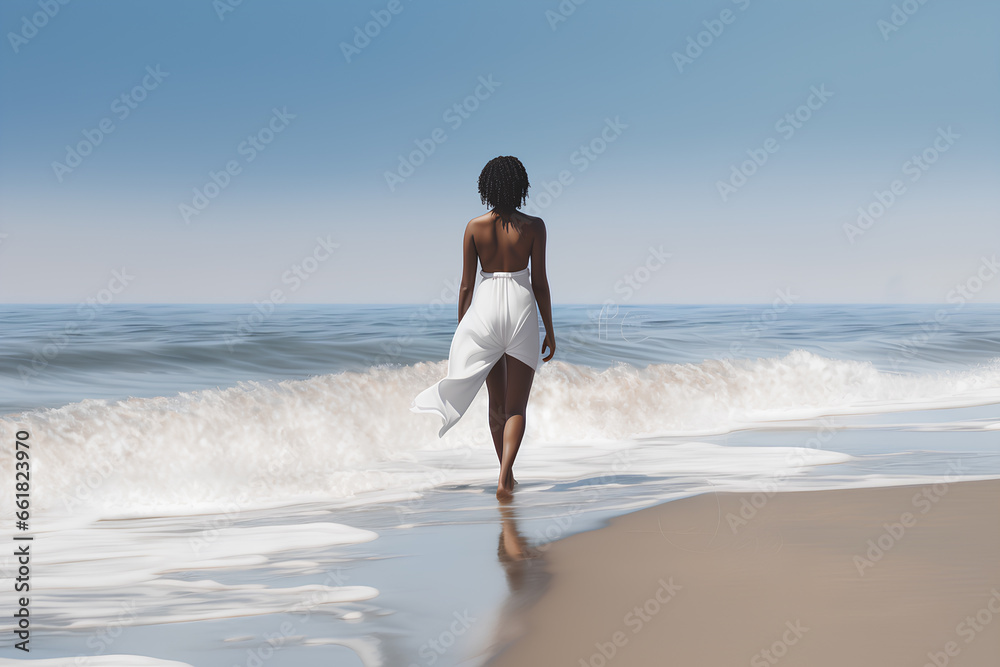 Woman walking on the beach rear view. Photorealistic image. Woman walking on the beach rear view. Photorealistic image.