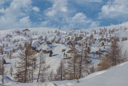 Winter panorama of Fedare snow covered meadows full of big boulders, Giau Pass, Dolomites, Italy