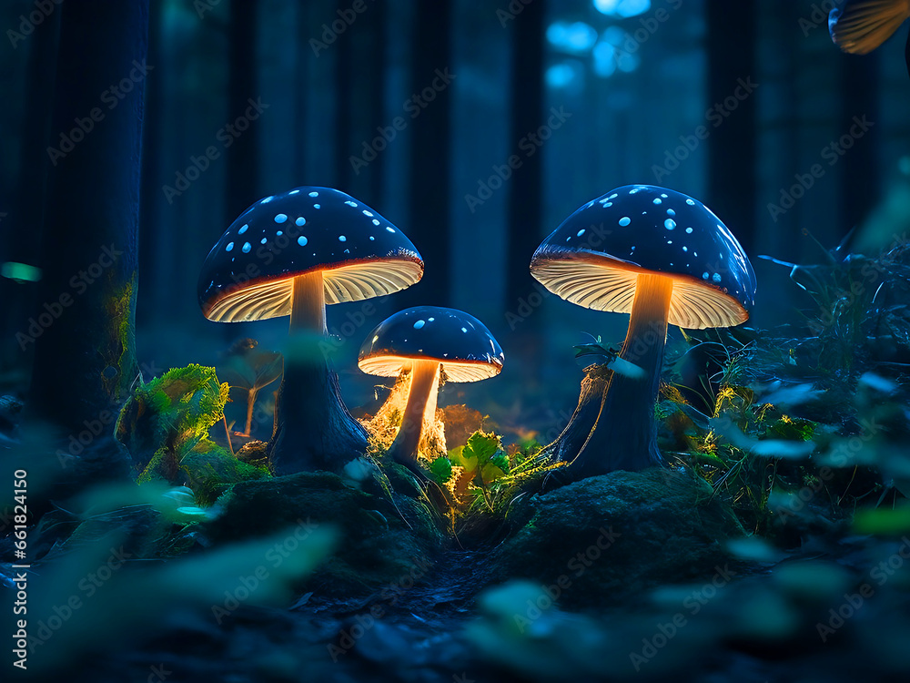 Fototapeta premium Mushrooms in the forest at night