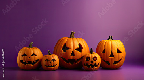 Halloween pumpkins on a light purple background. © darkredmon
