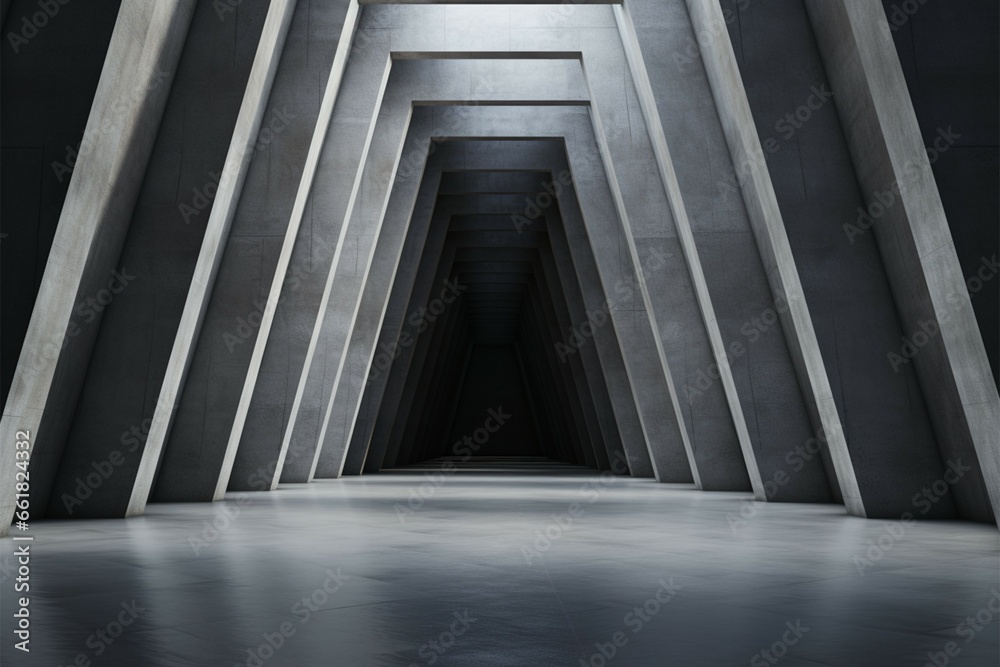 Obraz premium An empty, abstract concrete tunnel interior exudes industrial aesthetics
