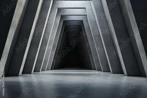 An empty, abstract concrete tunnel interior exudes industrial aesthetics