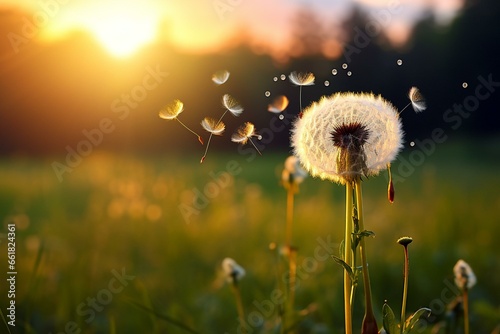 A dandelion swaying amid meadow. Generative AI
