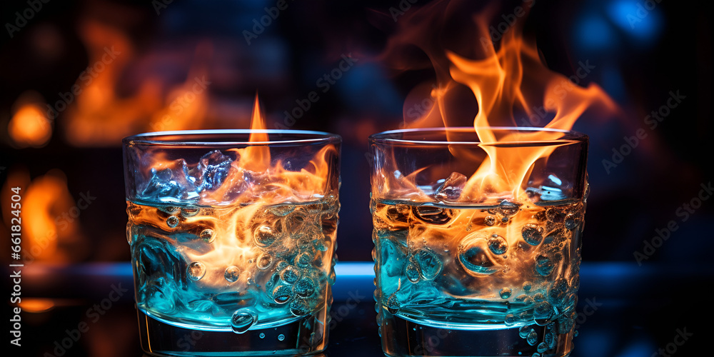 Two glasses  shot glasses full of drink  of burning absinthe  behind which the flame burns on a black background generative AI