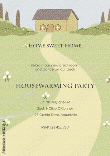 housewarming invitation with meadow illustration