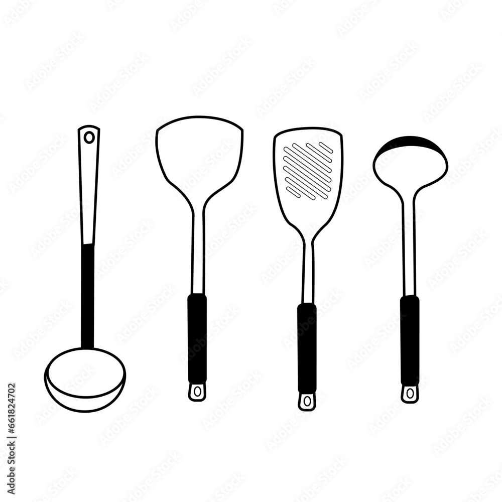 Kitchen Utensils Vector Set - Ladle, Solid Turner, Slotted Turner, Soup Ladle Kitchen Utensils Vector Set - Ladle, Solid Turner, Slotted Turner, Soup Ladle
