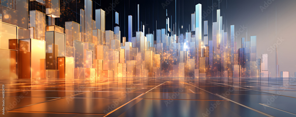 Abstract stock market background for cd covers, in the style of cubo - futurism, light orange and dark azure, rendered in unreal engine, light gold and magenta, urban landscapes,cube background