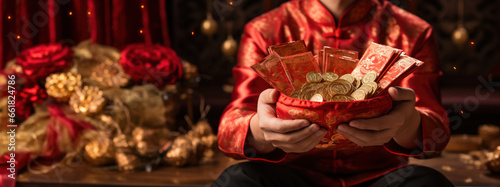 Happy Chinese New Year, A Chinese man exuberantly holding a collection of red packets filled with gold and coins, celebrating the joyous occasion of the Lunar New Year