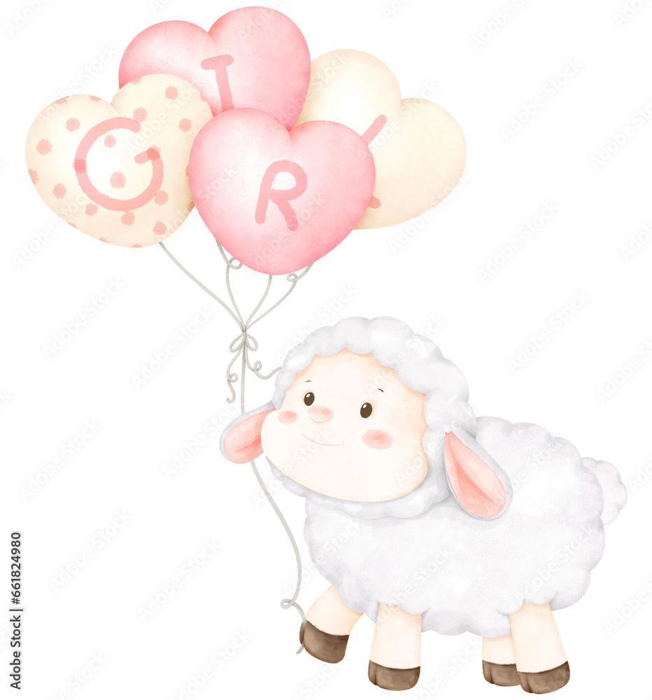 Obraz premium baby girl cute sheep and balloons