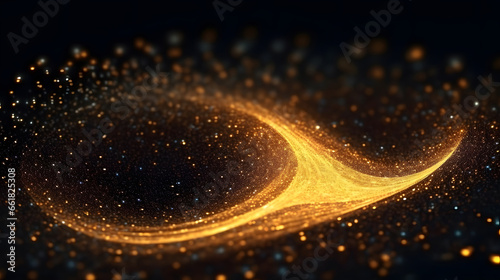 Digital Gold Particles Wave and light abstract background with shining floor particle stars dust. Futuristic glittering Luxury golden sparkling on black background.