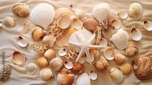 Seashells on table cloth 